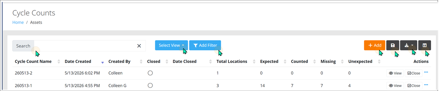 Cycle Counts page listing counts with Expected, Counted, Missing and Unexpected totals and View and Close buttons in the Actions column