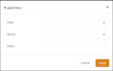 Add Filter popup with the Field, Query and Value fields and the Apply button