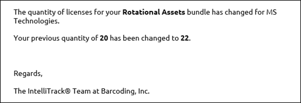 License count changed email stating that the Rotational Assets bundle quantity changed from 20 to 22