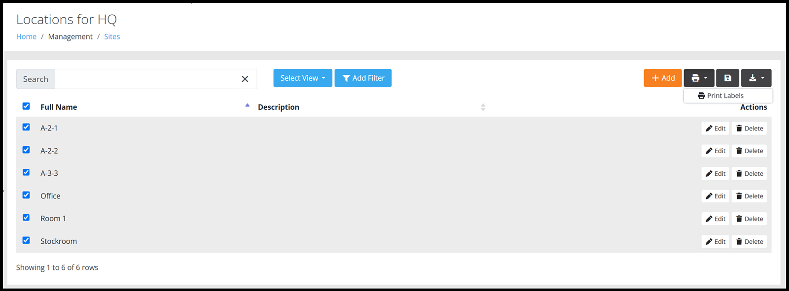 Print menu on the Locations page expanded to show the Print Labels option