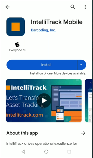 IntelliTrack Mobile Play Store page with the Install button