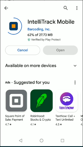 IntelliTrack Mobile Play Store page showing download progress