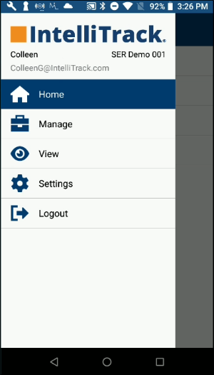 Slide-out menu showing the signed-in user and tenant under the IntelliTrack logo
