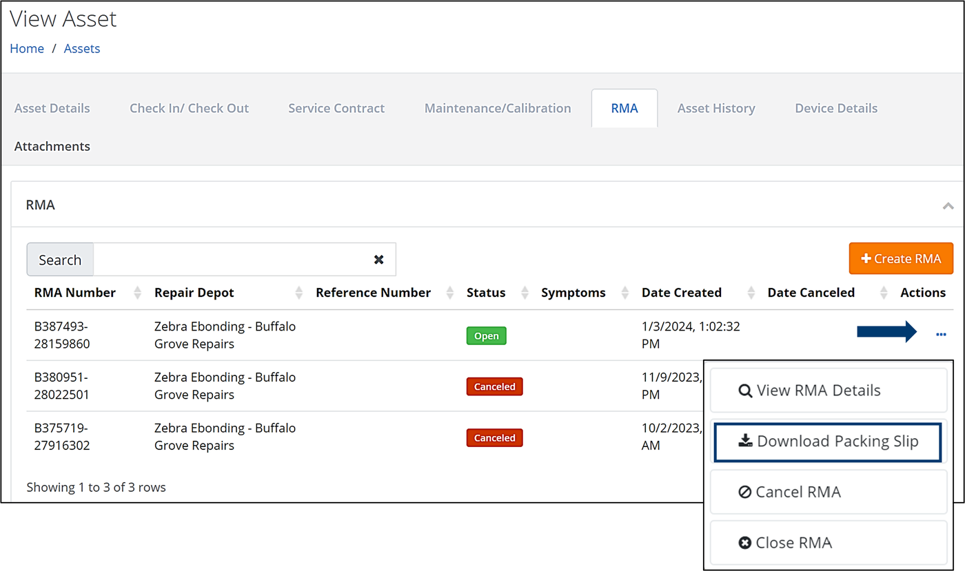 RMA tab with an arrow pointing to the three dots for the Open RMA and Download Packing Slip highlighted in the list of options