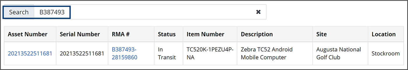 Quick Search by RMA number, with the result row showing the Asset Number and RMA # links