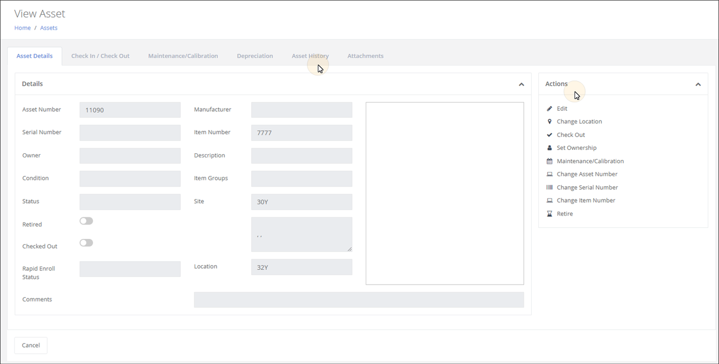 View Asset page Asset Details tab with the Actions pane highlighted beside the asset's Details panel