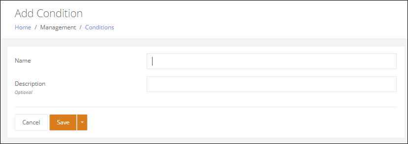 Add Condition page with a Name field and an optional Description field, plus Cancel and Save buttons
