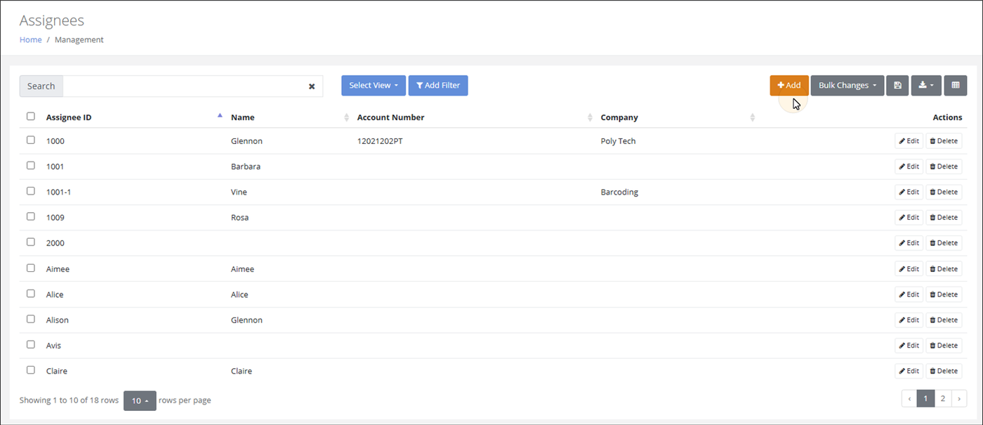 Assignees page with the pointer on the Add button above the assignee list