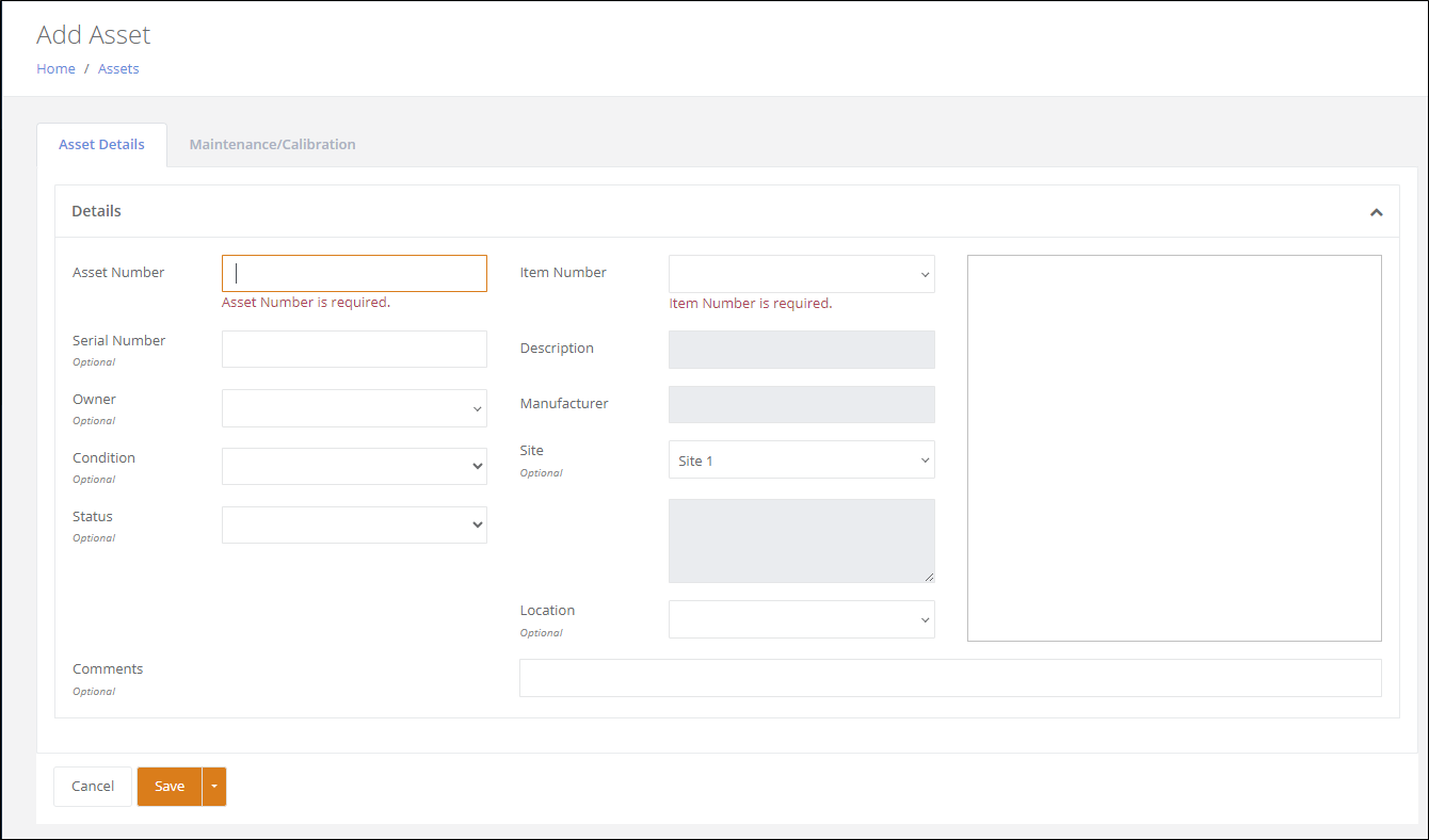 Add Asset page Asset Details tab with required Asset Number and Item Number fields and read-only Description and Manufacturer