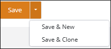 Save button drop-down arrow expanded to show the Save & New and Save & Clone options
