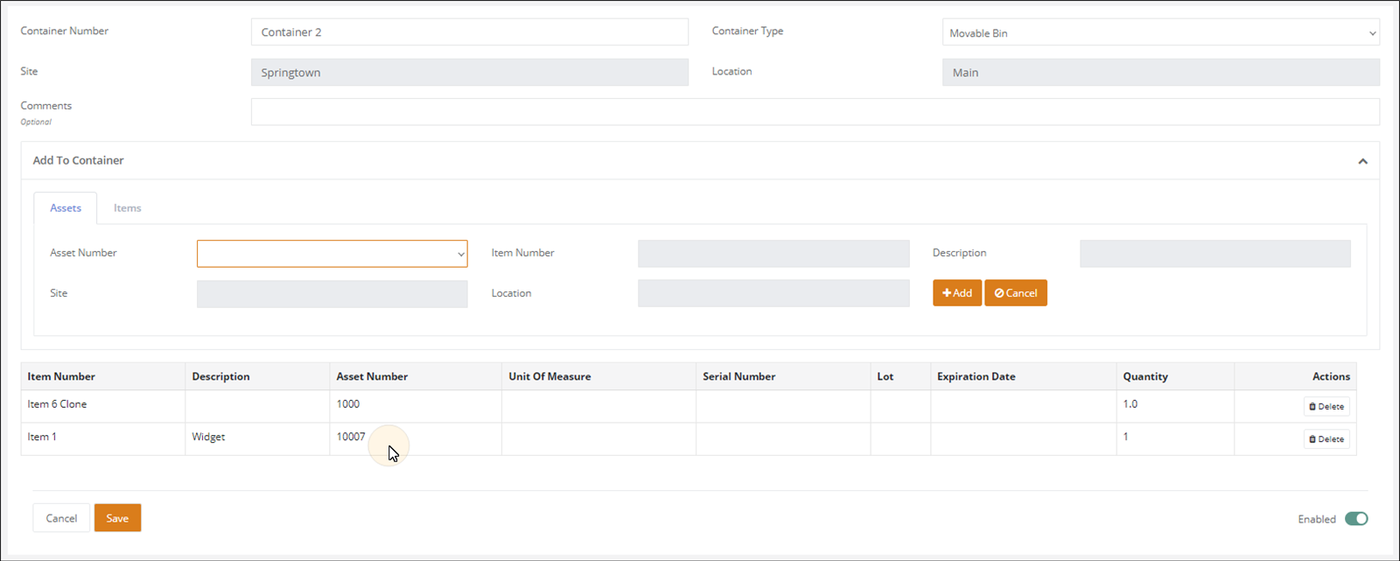 Container contents grid listing two added assets above the Save button