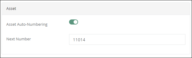 Asset tenant setting with Asset Auto-Numbering turned on and the Next Number field set to 11014
