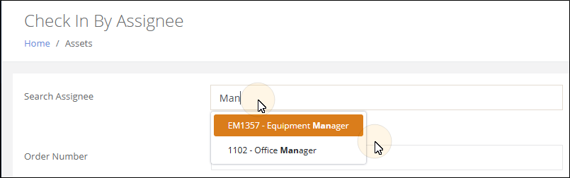 Search Assignee field with partial text entered and a type-ahead list of matching assignees below it