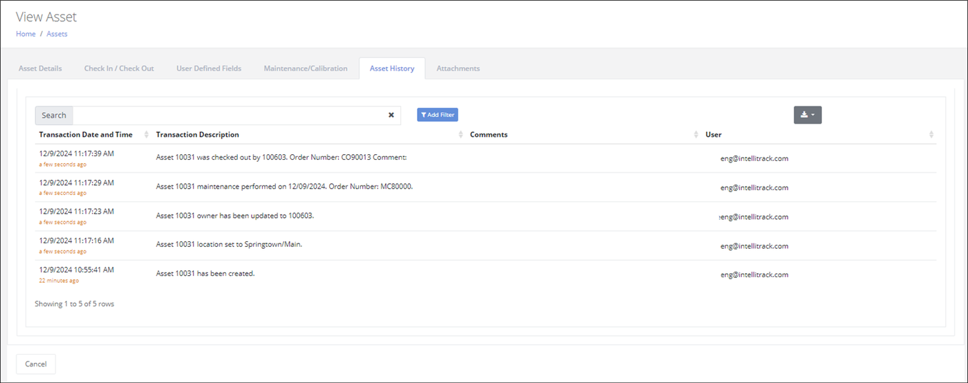 View Asset page Asset History tab listing transactions with date and time, description, comments and user
