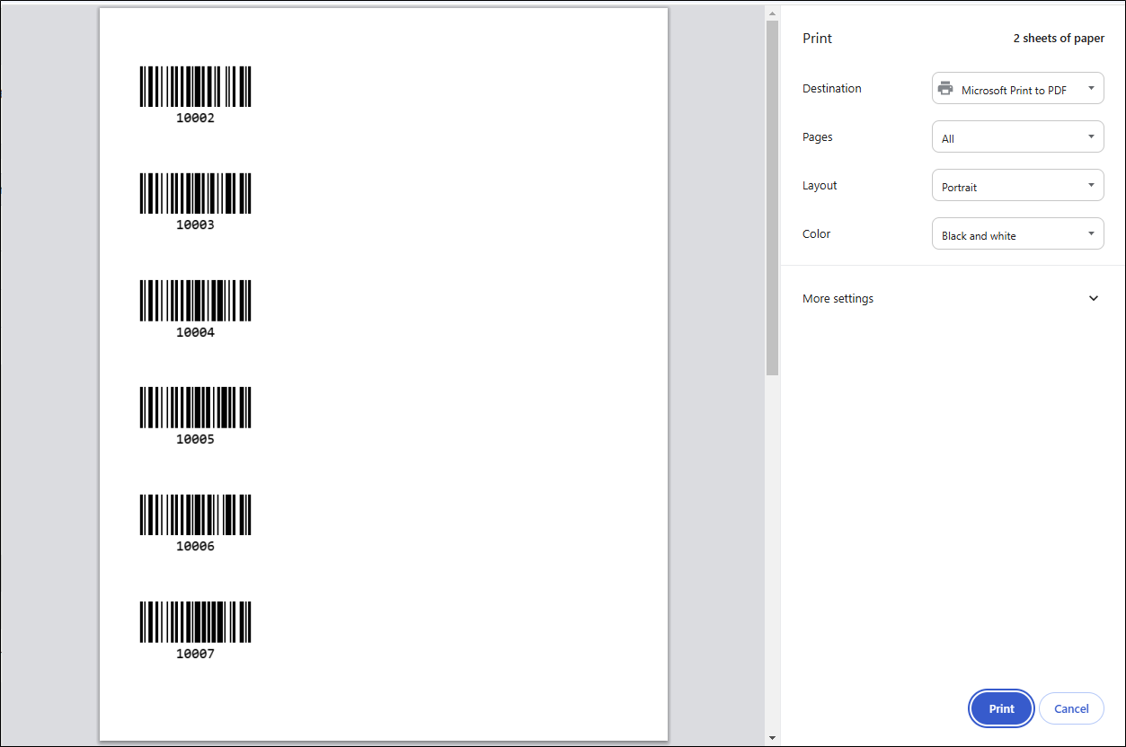 Browser Print window previewing barcode labels for the selected asset numbers, with Destination and Print button