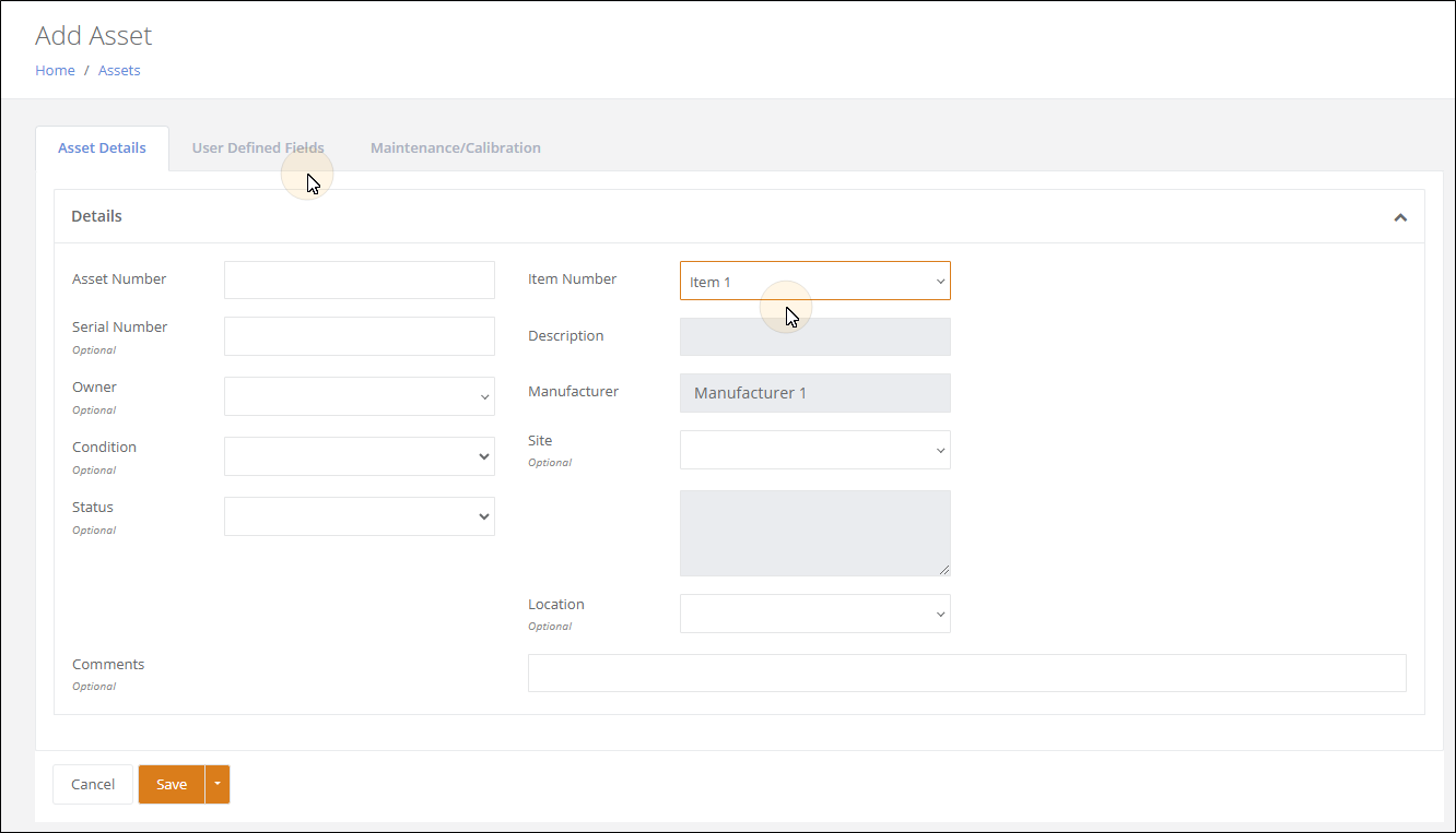 Add Asset page after Item 1 is selected as the Item Number, with a User Defined Fields tab now shown