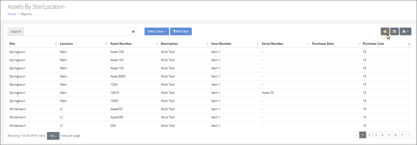 Assets By Site/Location report listing assets by site and location with purchase cost, pointer on the Print button