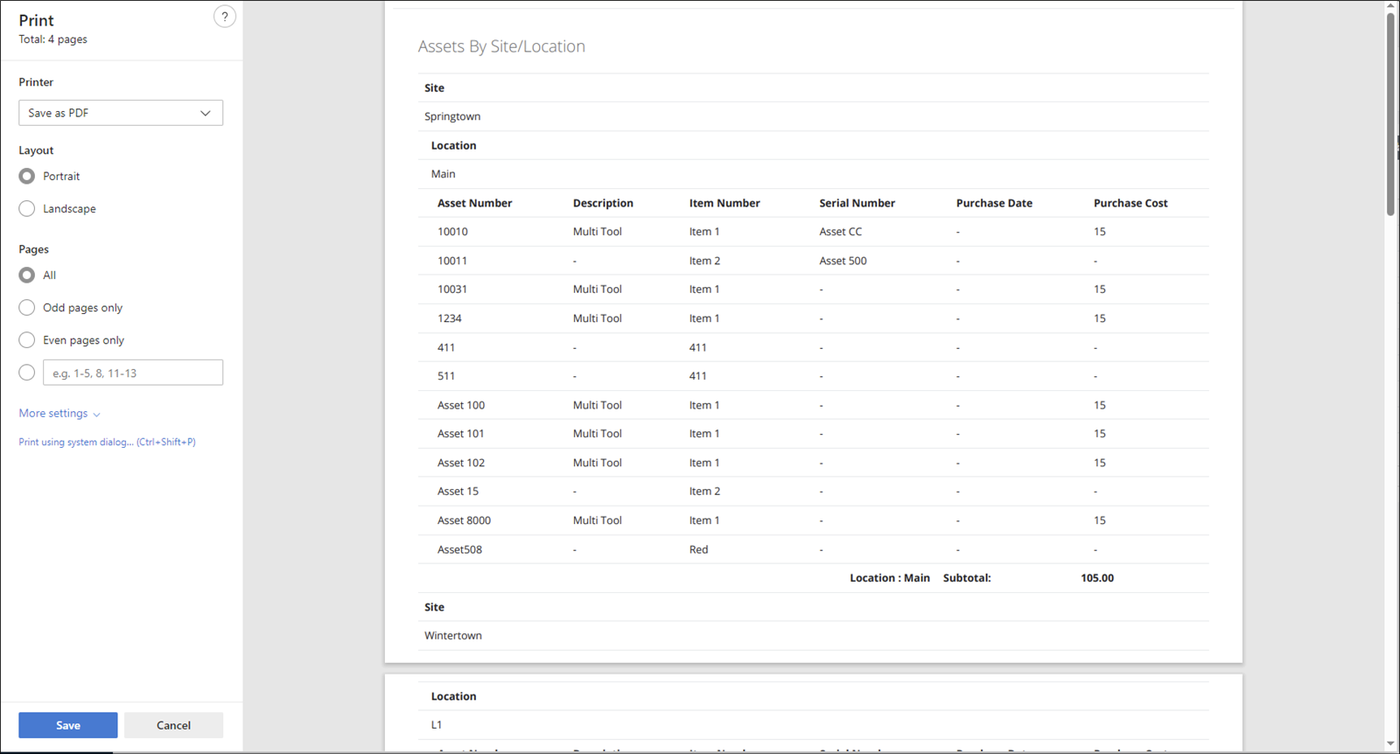 Browser Print dialog set to Save as PDF, previewing the Assets By Site/Location report with a location cost subtotal