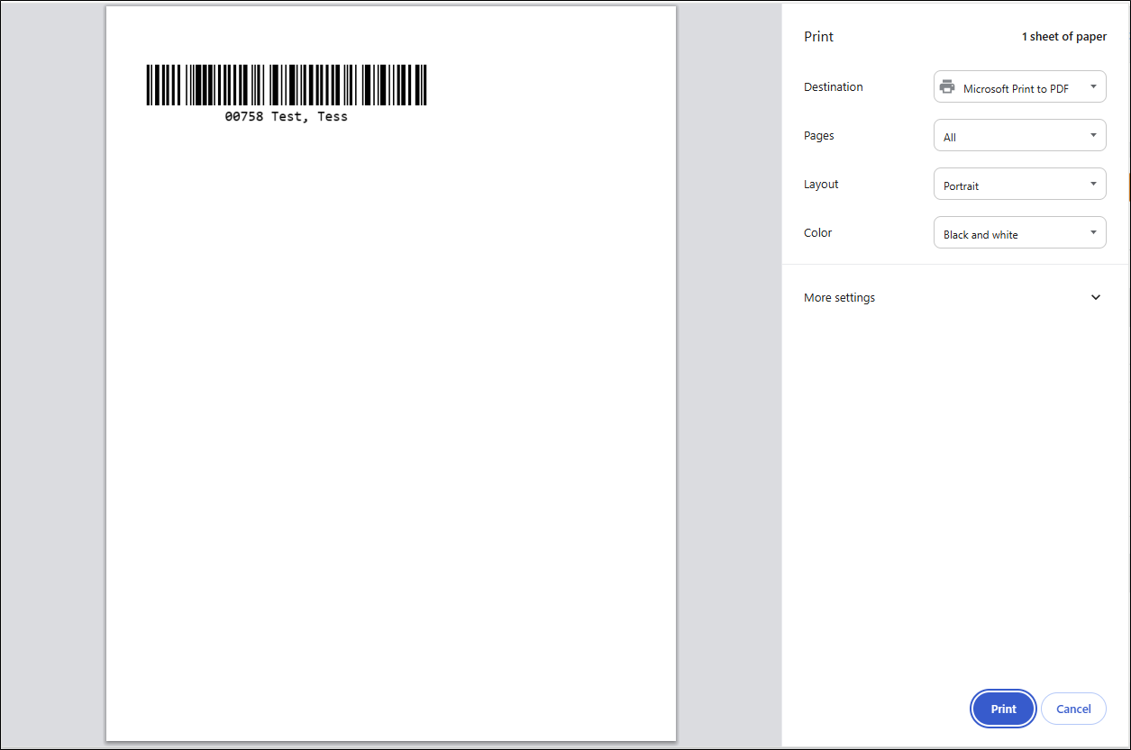 Browser Print window previewing a single barcode label for the selected assignee ID