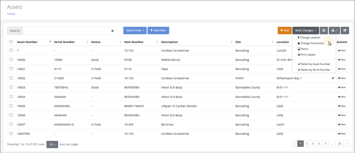 Assets page with the Bulk Changes menu open, listing Change Location, Change Ownership, Retire, Print Labels and the Select by options