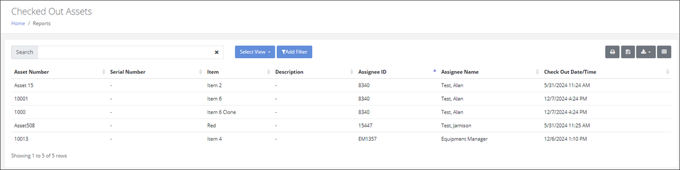 Checked Out Assets report listing each checked-out asset with Assignee ID, Assignee Name and Check Out Date/Time