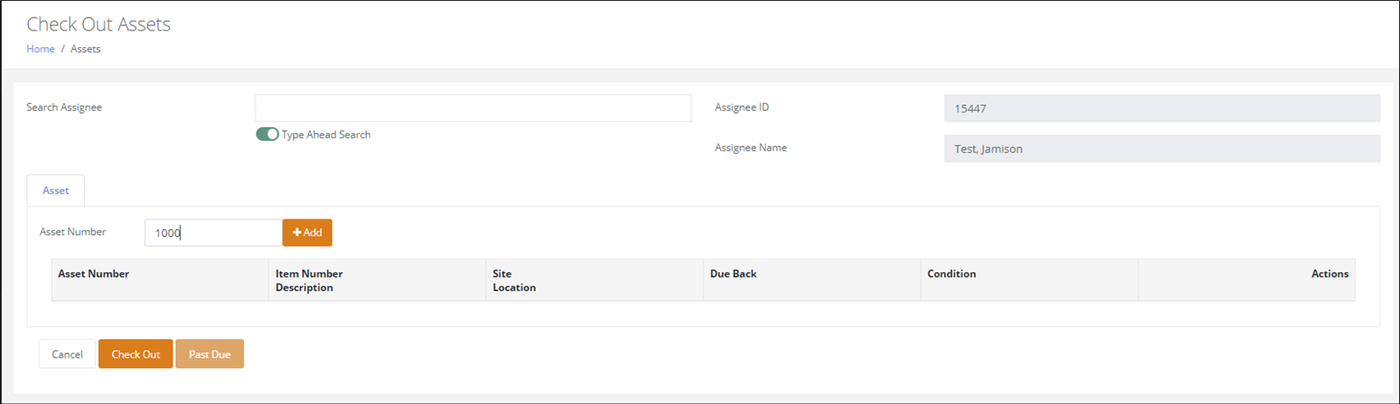 Check Out Assets page with an asset number entered in the Asset Number field beside the Add button
