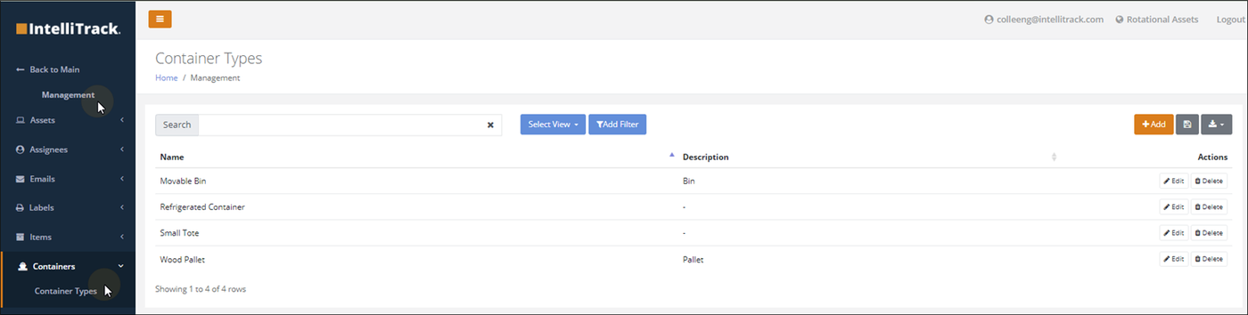 Container Types page opened from Management > Containers, listing Movable Bin, Refrigerated Container, Small Tote and Wood Pallet