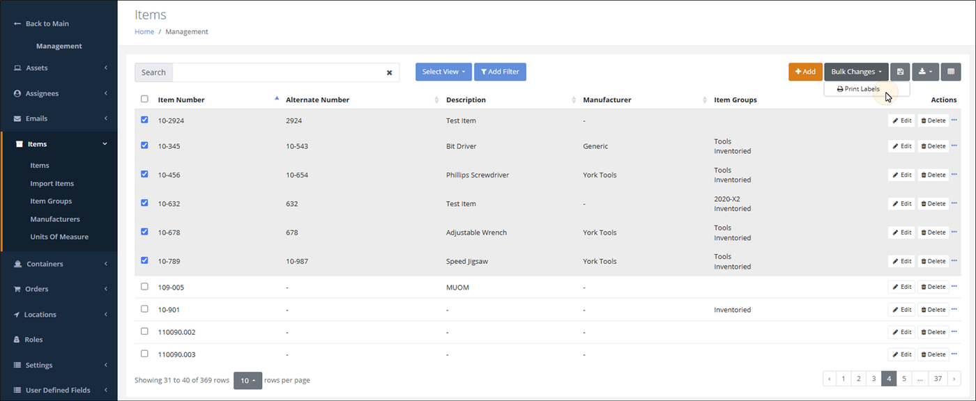 Items page with six items selected and the Bulk Changes menu open, pointer on Print Labels
