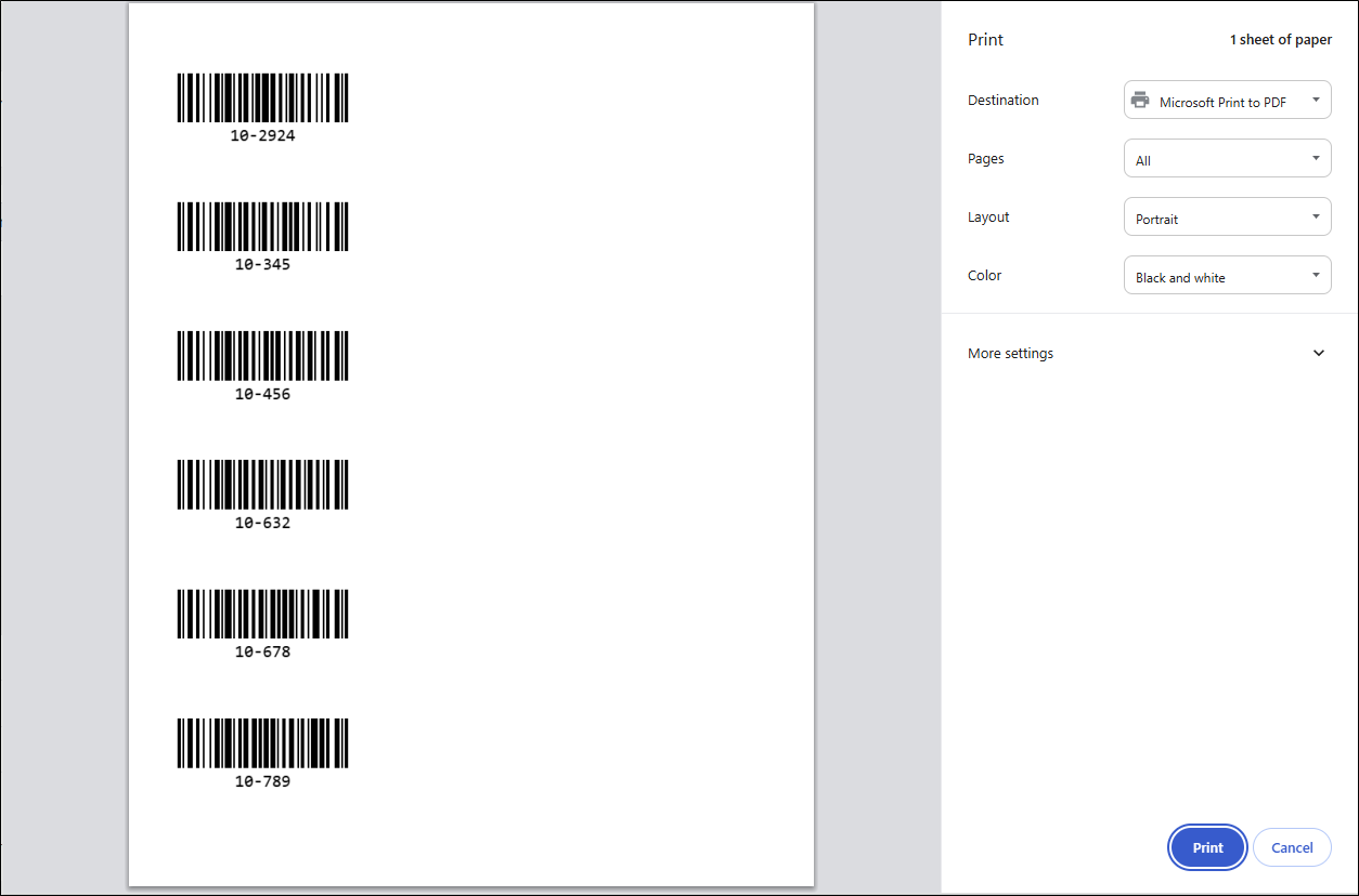 Browser Print window previewing six barcode labels, one for each selected item number