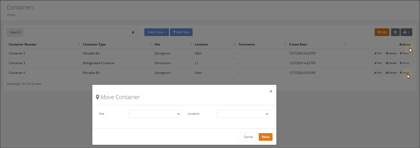 Move Container popup with Site and Location drop-downs, opened from a container's Move button