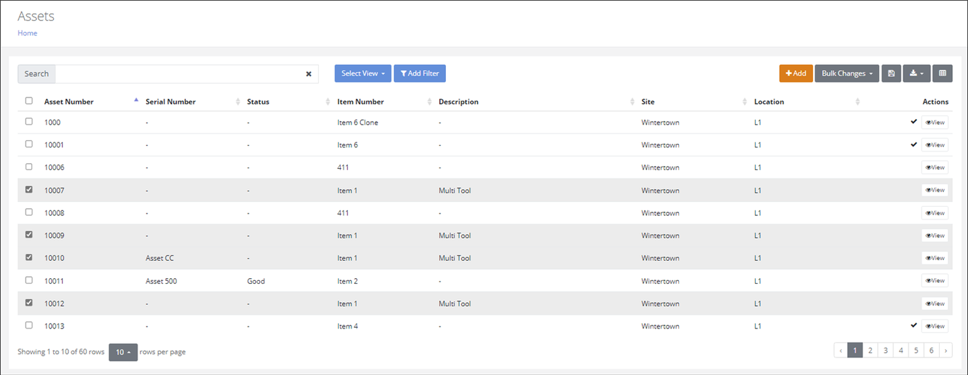 Assets page with four rows selected individually by marking their checkboxes