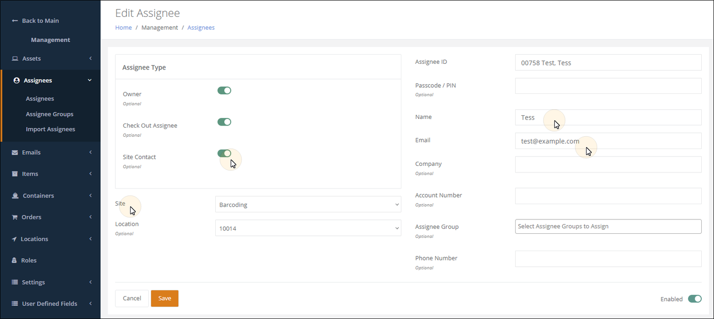 Edit Assignee page with Site Contact turned on and the assignee's Site set to a site and a Location chosen