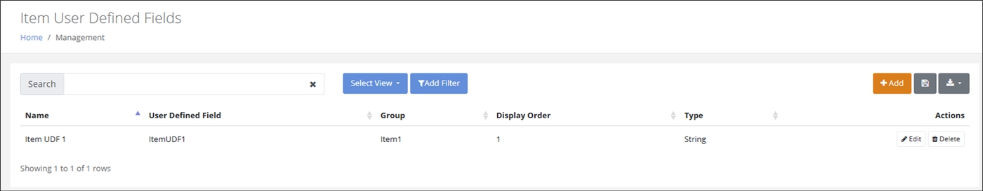 Item User Defined Fields page listing Item UDF 1 in group Item1 with type String, and an Add button