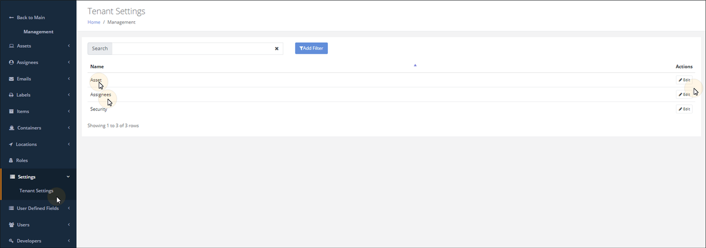 Tenant Settings page reached from Management > Settings, listing Asset, Assignees and Security with Edit buttons