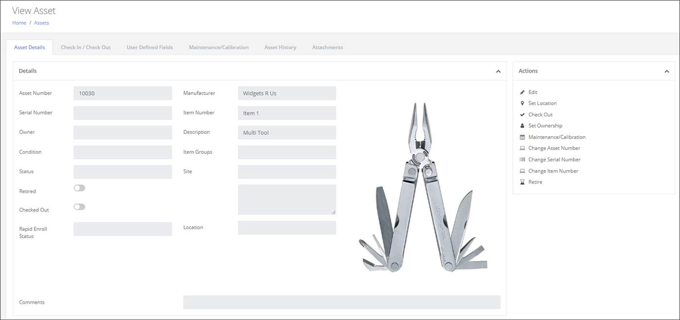 View Asset page Asset Details tab showing the read-only Details panel, item image, and the Actions pane on the right
