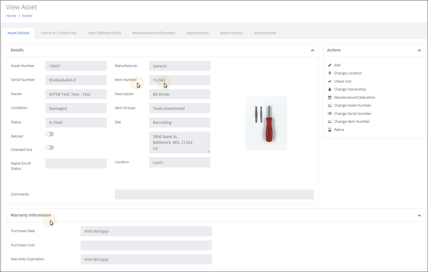 View Asset page with a Warranty Information section showing Purchase Date, Purchase Cost and Warranty Expiration fields