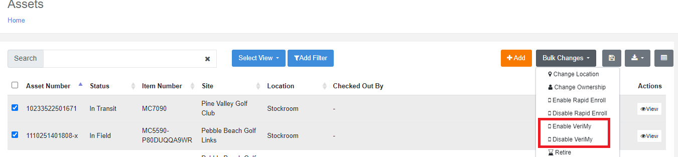 Performing Bulk Changes in the Assets screen: two assets selected and the Bulk Changes menu open with Enable VeriMy and Disable VeriMy highlighted