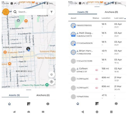VeriMy Locate Assets tab, closed over the map and expanded to list each device with its status, location and last seen time