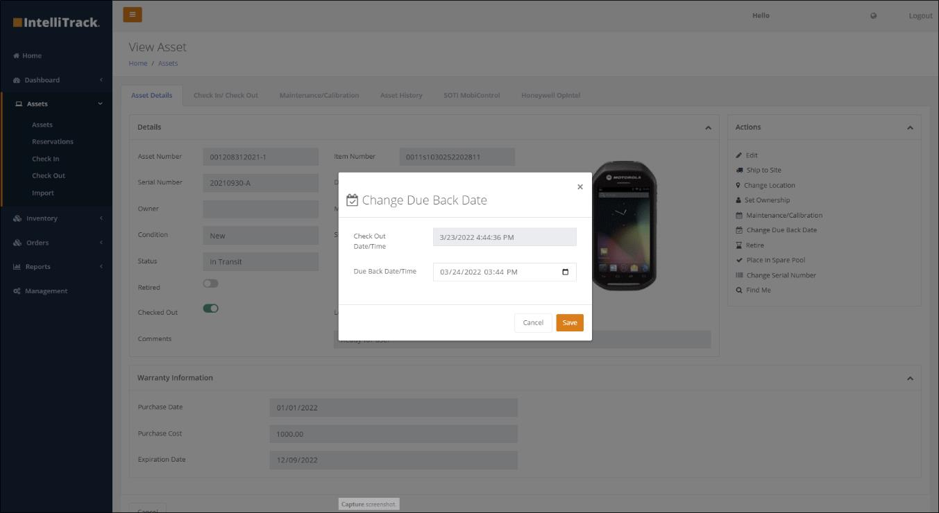 Change Due Back Date dialog on the View Asset screen