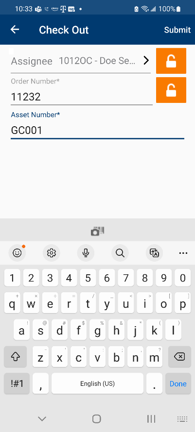 IntelliTrack Mobile asset check-out screen