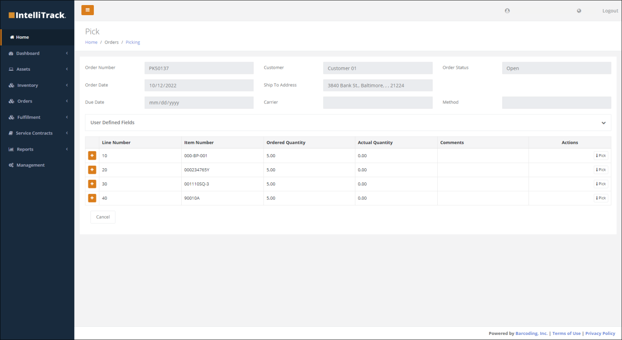 Picking Order Pick screen