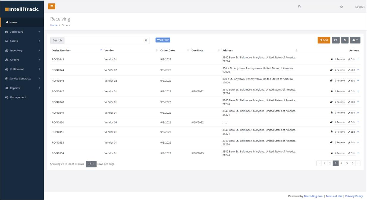 Receiving Order index screen
