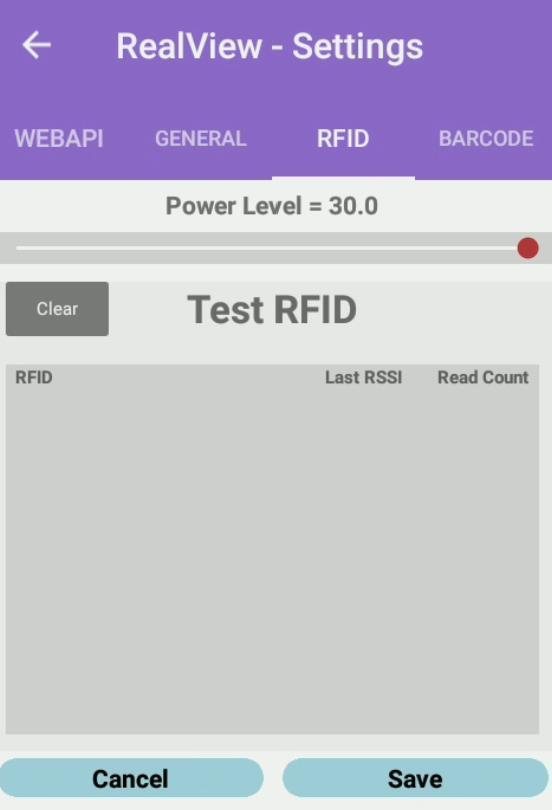 RFID settings with power level and Test RFID