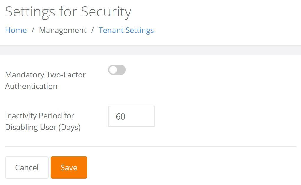 Settings for Security page with the Inactivity Period for Disabling User setting