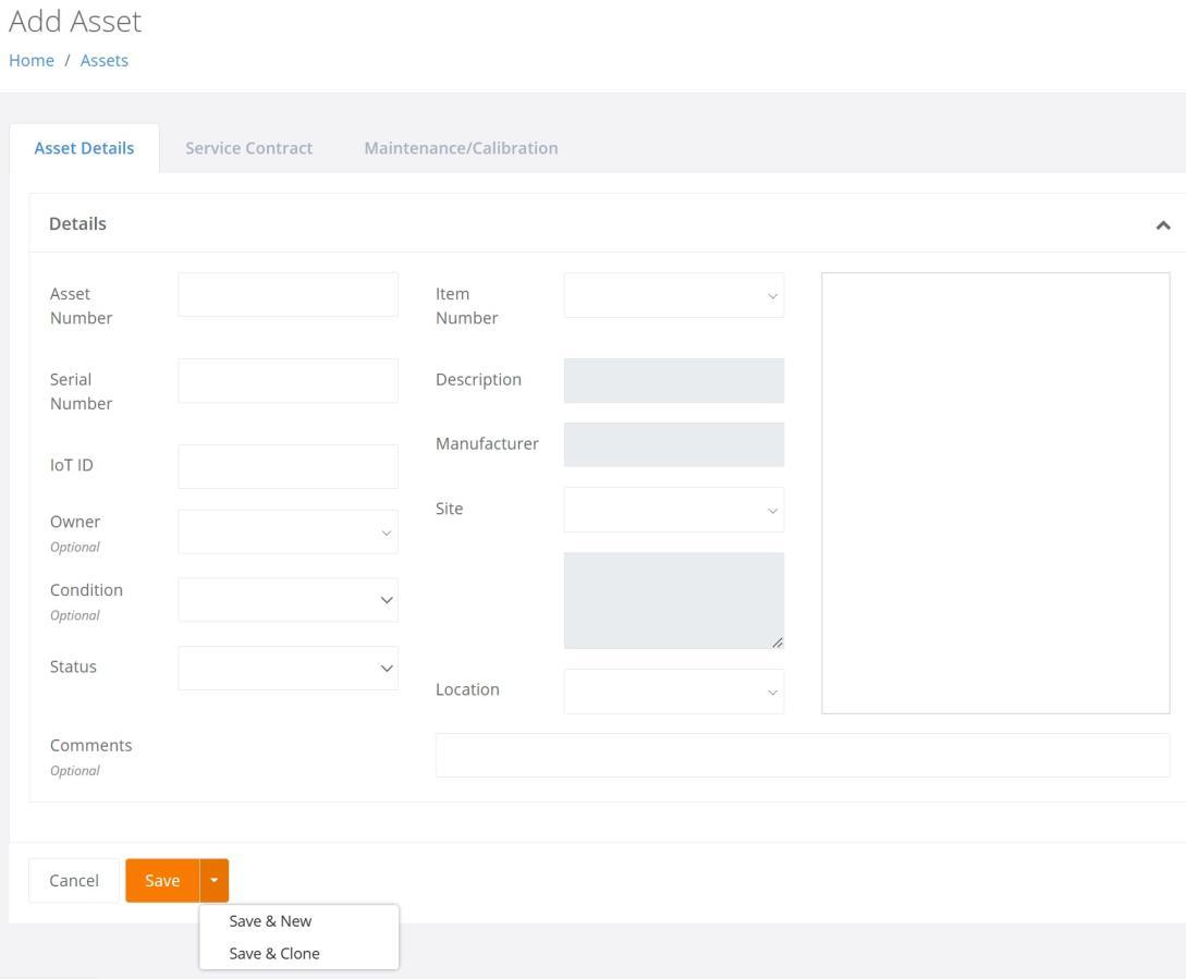 Add Asset page with the Save menu expanded showing Save & New and Save & Clone