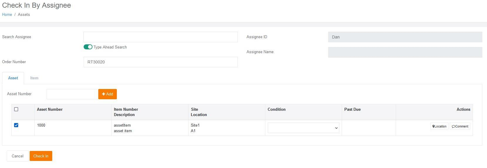 Check In By Assignee page with the Asset tab selected