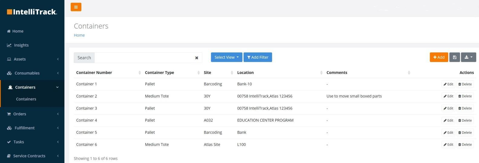 Containers page listing containers with type, site, and location