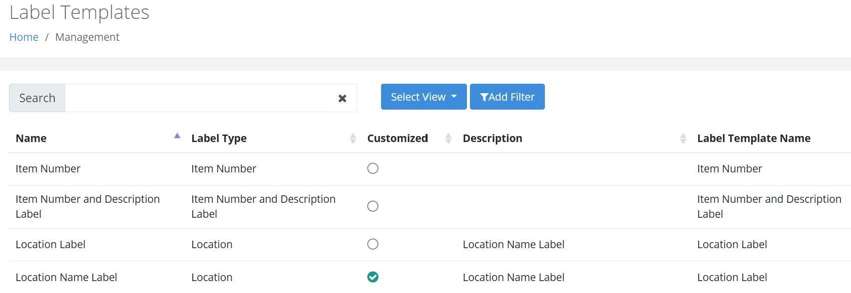 Label Templates page under Management
