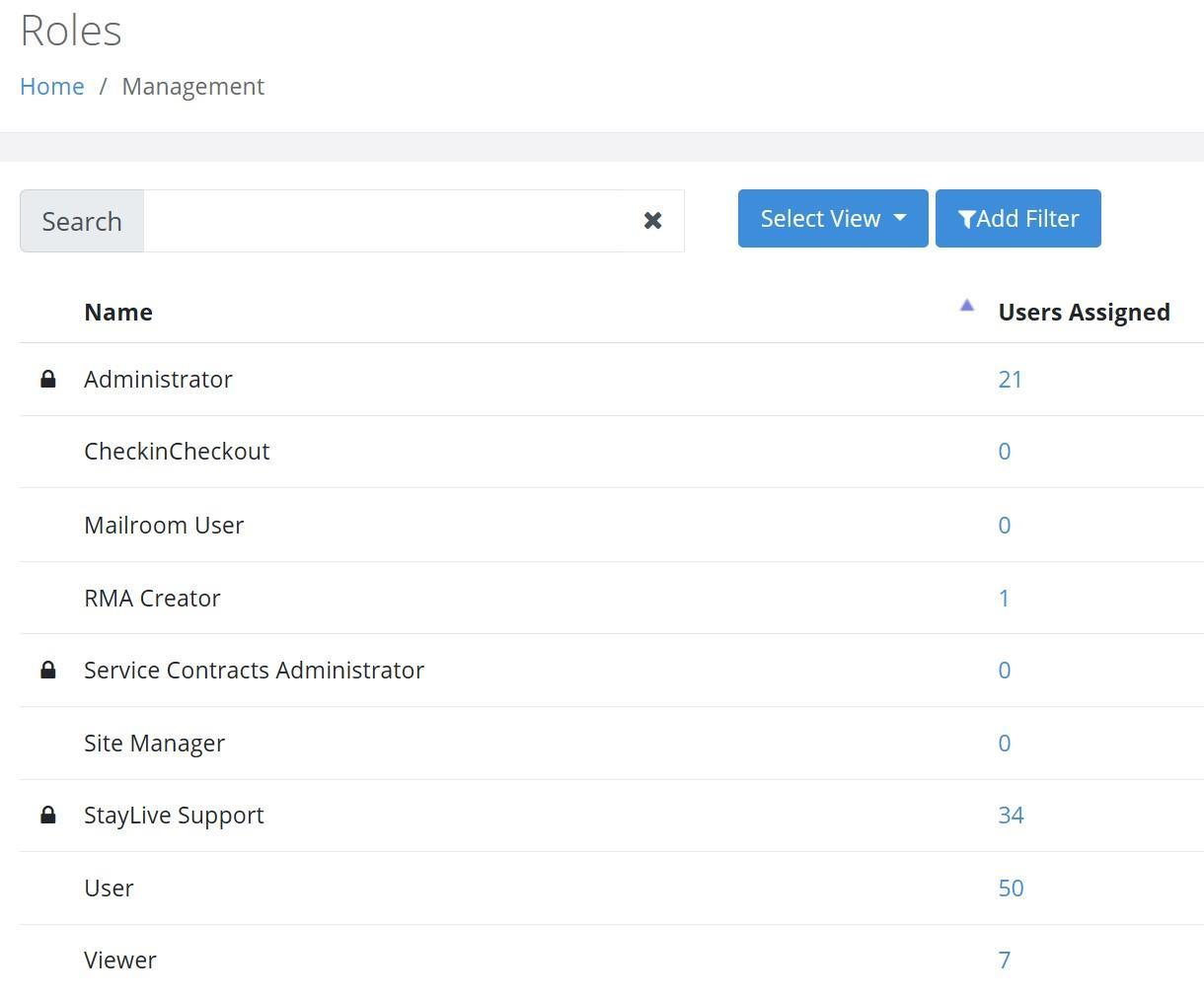 Roles page with the Users Assigned column
