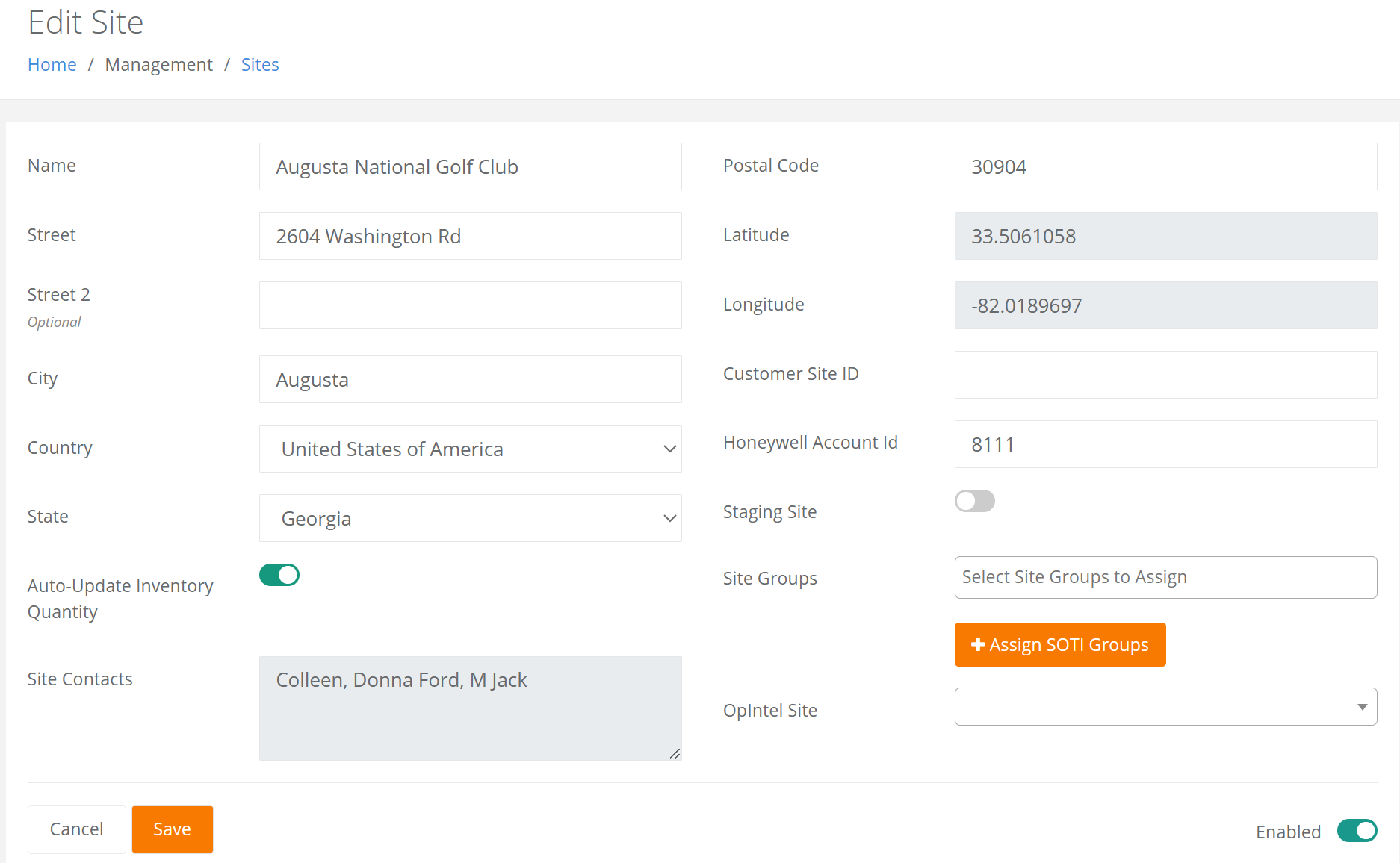 Edit Site page with the Site Contacts field